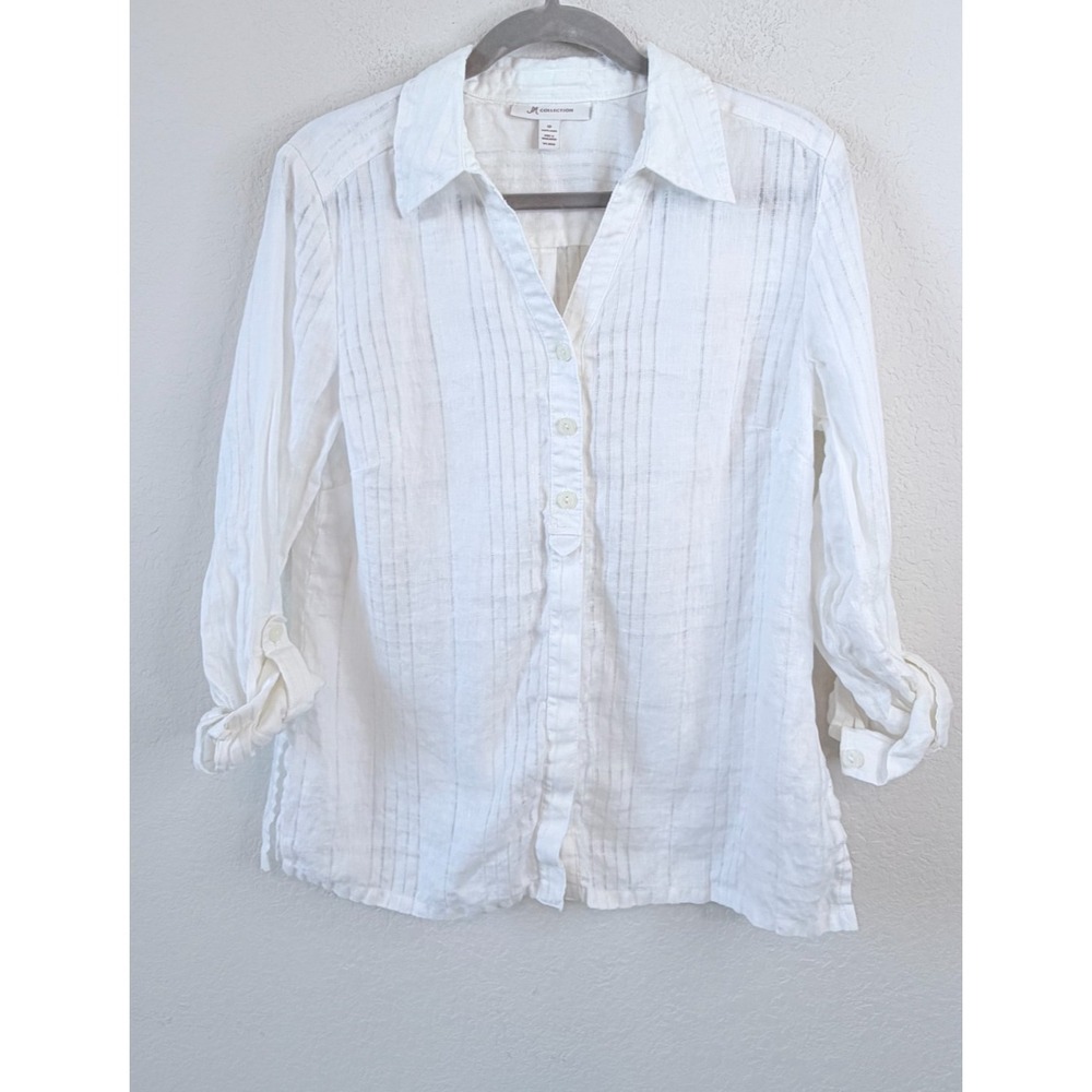 JM Collection 100% Linen Button Up Shirt Blouse Women's 10 White Career Coastal